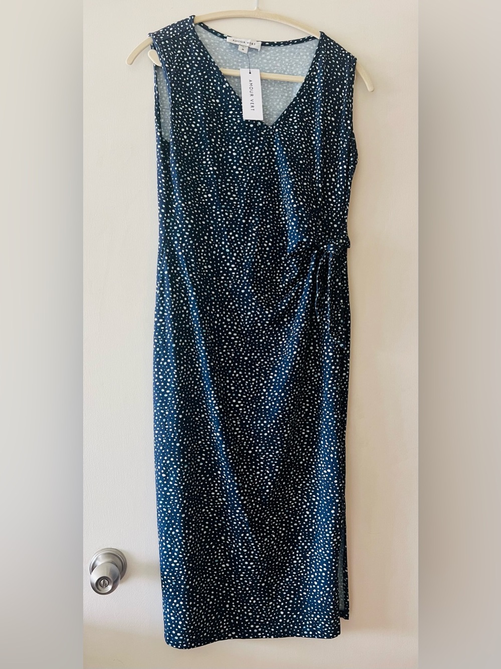 Amour Vert Navy and White Polka Dot Midi Dress